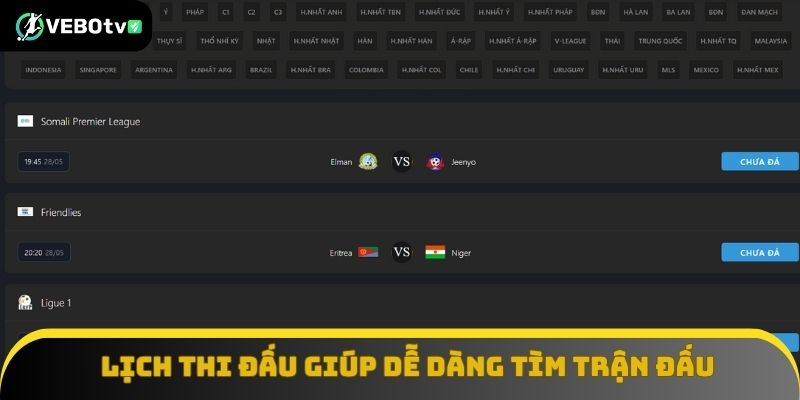 Chuyên mục lịch thi đấu giúp dễ dàng tìm trận đấu trên VeboTV